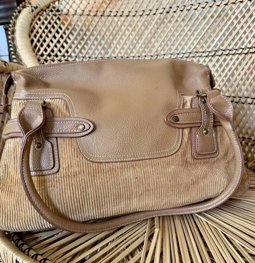 Tommy Hilfiger Vintage Y2K Tan Corduroy and Faux Leather Hobo Shoulder Handbag